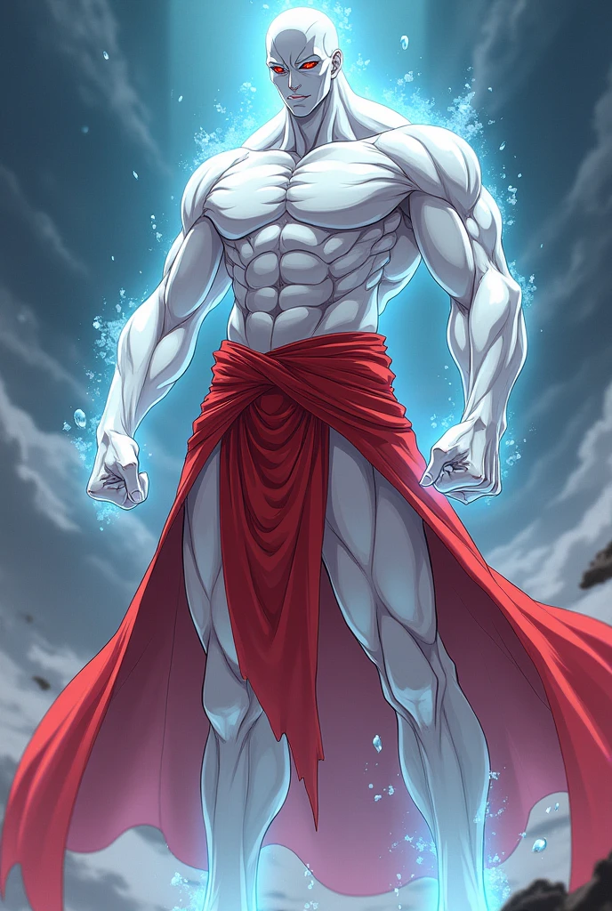 Dressed in red, made up of a white, transparent body with 14 different glowing eye colors.. A male anime character who is 3-4 meters tall and has a high level of muscle mass.