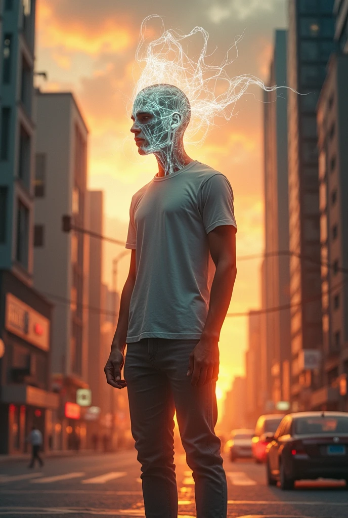 A man with ghost head in city with sunset