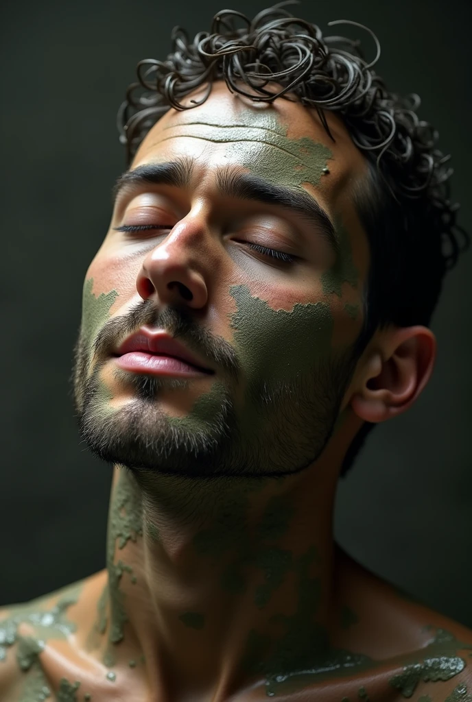 Man's face with eyes closed, looking up as if inhaling half of his face covered in mud
