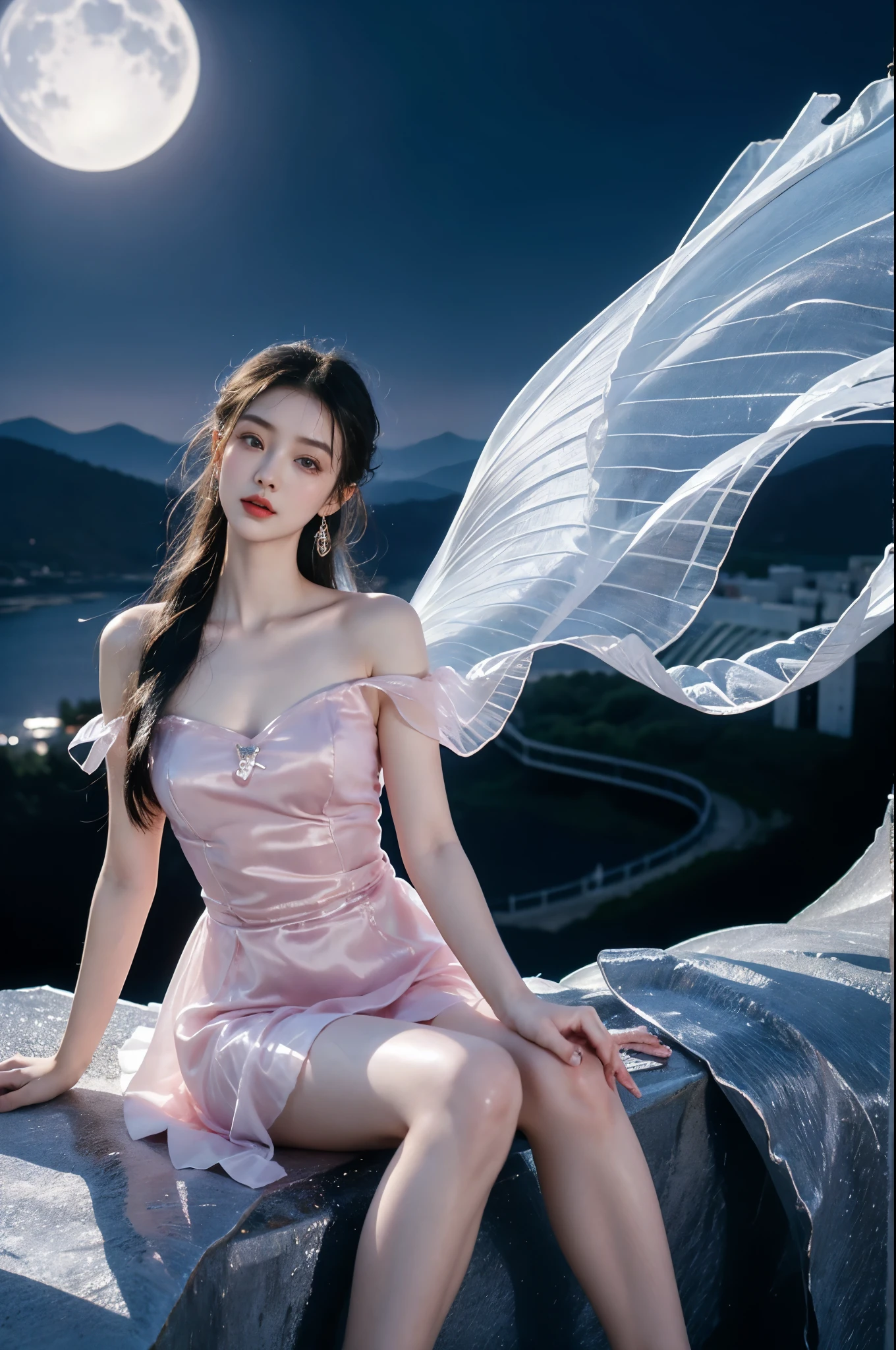 dress,wings,fairy, (masterpiece, best quality:1.2), 1 Girl, Solitary, ((Bare shoulders)), On the top of the mountain，moonlight，((Sitting, Sitting on the edge of a cliff)), Heroine Image，Slender sexy legs，Very beautiful legs，Leaking sexy legs，Large Breasts，beauty, mystery。脸庞beauty精致，Otherworldly beauty。The bridge of the nose is straight，Cherry lip color，Confident and calm。Well-defined facial contours，Skin like jade，Light and delicate makeup，Show her temperament and charm。Light foundation, Skin transparency，Perfect eyebrow shape，Eye Makeup,Eyeshadow,Eyeliner，Brighter eyes、Energetic。涂上grace的口红，Charm and sophistication。衣服grace别致，Clothes fluttering，Blown up by the wind，Drifting away。grace，Swinging action。Hair tied haphazardly behind the head，Secure with a jade hairpin，Strands of hair fluttering gently in the wind，一道beauty的风景线，Attract attention。beauty、grace、mystery