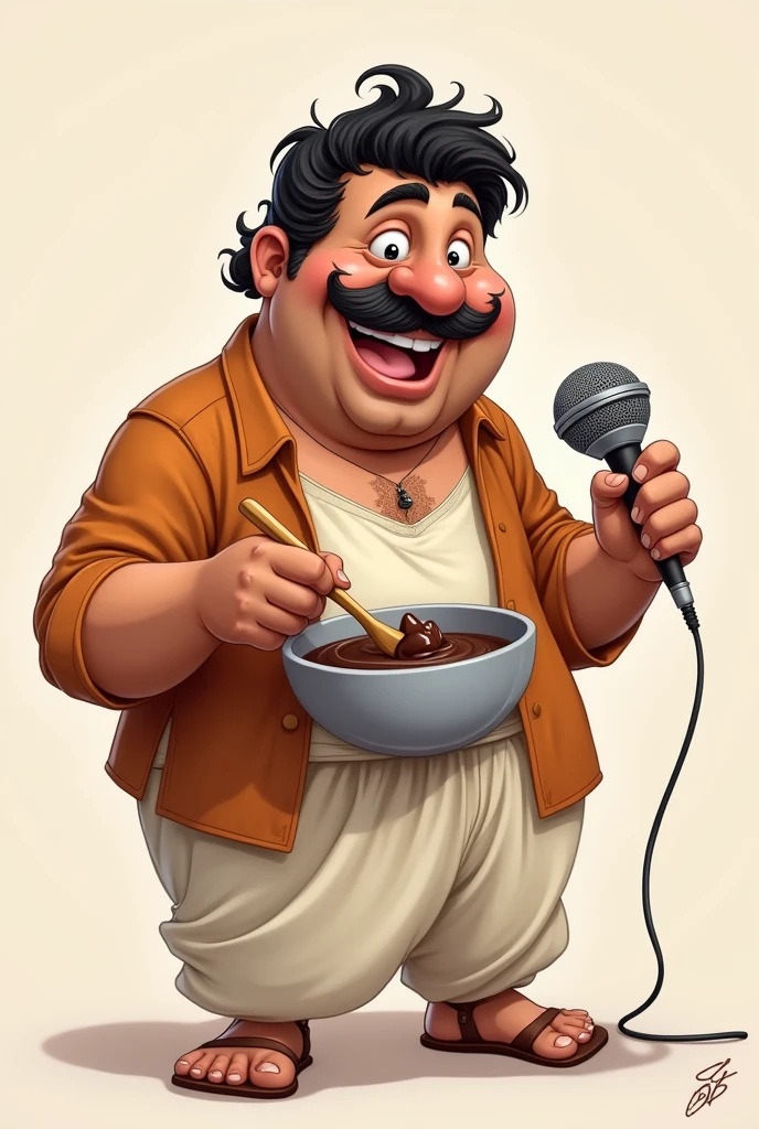 male character, mic, that fits into a logo, plumpness, light tan, Indian hair, with a mole under the nose on the left side of the mouth, with sailor's cachangá, com chocolate na boca, stirring bowl of brownie batter, with caricature features, full body with shirt