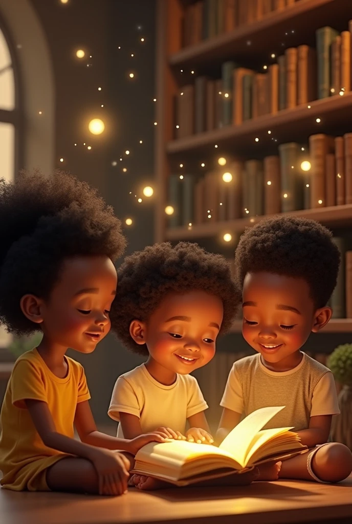 des enfants fermant les yeux avec un sourire doux, ou une animation de petites lumières flottant au-dessus de leurs têtes, symbolisant leurs souhaits. Pendant qu'ils lisent le livre doré dans la bibliothèque (Africain)