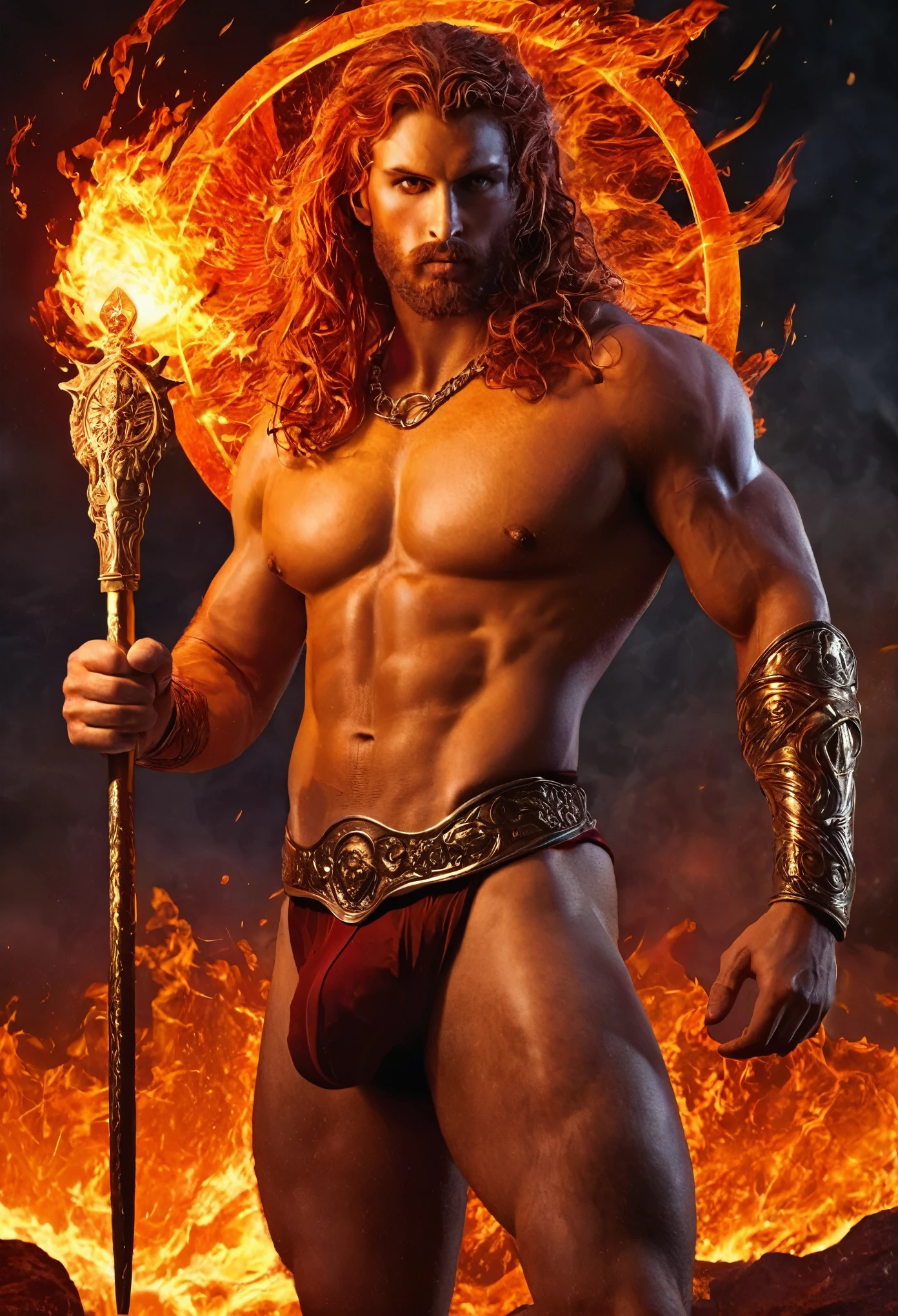 An ancient Roman warrior, embodying the fiery spirit of Aries, standing tall and unyielding as the 13th card in a tarot deck. His muscular physique is adorned with nothing but a red cloth around his waist, revealing his shirtless torso that glistens with the intensity of the flaming sun. His long, sexy red hair is wild and untamed, flowing in the wind like a river of molten lava. His face is that of a man who knows the taste of victory and the sting of defeat, with piercing eyes and a beard that speaks of the wisdom he has gained in battles long past. In his powerful grip, he wields a weapon that is a testament to his fiery nature - a gleaming sword, forged in the very fires of passion itself. The background is a tumultuous canvas of fiery hues, with flames licking the edges of the frame, symbolizing the ever-present energy and anger of the Aries archetype. The man's stance exudes an aura of confidence and readiness, as if daring any who gaze upon him to challenge his might. The overall effect is one of awe-inspiring power and raw, unbridled sexual appeal, making this tarot card not just a visual representation of the zodiac sign, but a captivating embodiment of the fiery, determined spirit that lies within us all.