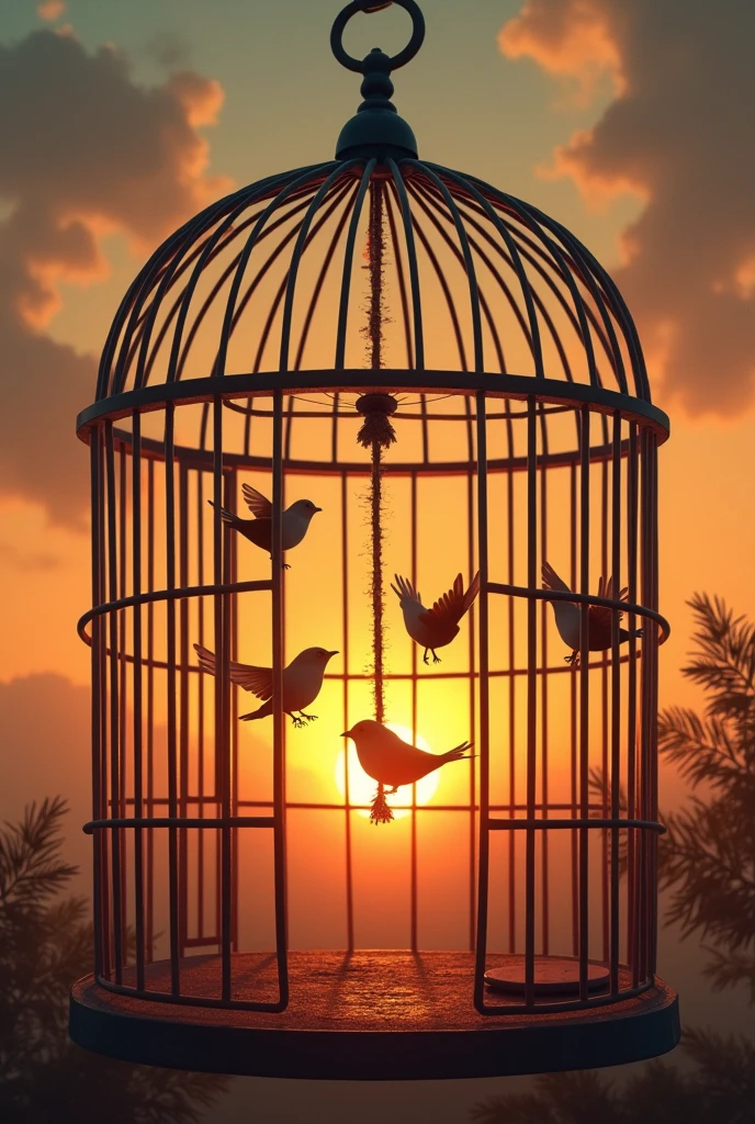 a cage with small birds coming out of the door and flying away, in the middle of the cage, around a rope tightening, the background with the sunset