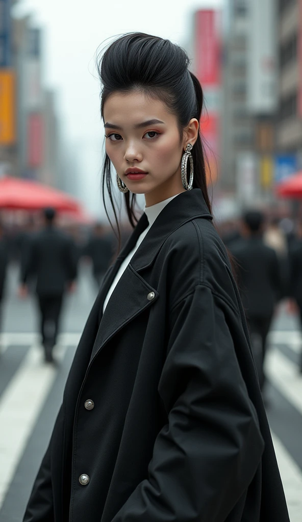 (Blunt bangs, Princess Bang))), (((Very heavy,Voluminous bangs:1.1))),(((very long, Very heavy,Very voluminous side locks:1.1))),, Hime cut, Straight bangs hairstyle, People with round faces and plain bangs, dull with long hair、Bangs cut straight,))High Fashion Portrait, (Highest quality, detailed,masterpiece:1.2), Realistic, 1 person, Beautiful woman, Full Body Shot, Fashion Model, Dynamic pose, break small head, break (detailed buttocks, detailed legs, detailed body line, tight small breasts, Very small waist, Tight little ass, Beautiful muscular legs, Beautiful legs, Creates a sculptural beauty:1.2), Beautiful white, silky skin, A slim and beautiful neck, (Full Body Shot, Dynamic pose:1.2), break Opt for a sleek, (((Black Japanese style jacket, White long dress shirt,Black long skirt,Black boots))) Accessorize with an abundance of statement jewelry, , Oversized silver hoop earrings, Style hair in a sleek, Architectural Upstyle, Sharp angles and a sleek finish give it a futuristic feel., break small head, detailed face, ((Full body photo))((Directly facing)))looking at the camera,masterpiece,Highest quality,8k,クレイジーなdetailed,複雑なdetailed,超detailed,super quality,High detail(((The hem of the skirt is fluttering in the wind,))Costume,))looking at the camera(Realistic、Realistic:1.37)、,Highest quality, figure, 超detailedな, finely, 完璧なダイナミックな構figure, ((Taken in the middle of the scramble intersection)), Beautiful and fine details,Expressionless,, ,20 years old,Model body type,, ,Women are paying attention, Her face is beautiful and delicate,Showing an otherworldly beauty。,Female model looking back in crowded city street,, Hair is fluttering in the wind,Fashion Model,looking at the camera,masterpiece,