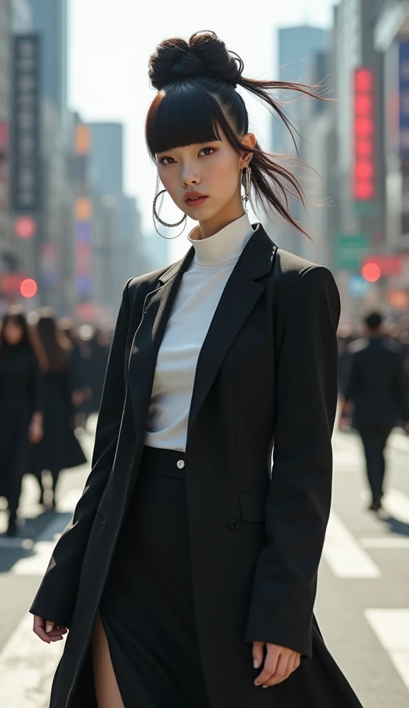 (Blunt bangs, Princess Bang))), (((Very heavy,Voluminous bangs:1.1))),(((very long, Very heavy,Very voluminous side locks:1.1))),, Hime cut, Straight bangs hairstyle, People with round faces and plain bangs, dull with long hair、Bangs cut straight,))High Fashion Portrait, (Highest quality, detailed,masterpiece:1.2), Realistic, 1 person, Beautiful woman, Full Body Shot, Fashion Model, Dynamic pose, break small head, break (detailed buttocks, detailed legs, detailed body line, tight small breasts, Very small waist, Tight little ass, Beautiful muscular legs, Beautiful legs, Creates a sculptural beauty:1.2), Beautiful white, silky skin, A slim and beautiful neck, (Full Body Shot, Dynamic pose:1.2), break Opt for a sleek, (((Black Japanese style jacket, White long dress shirt,Black long skirt,Black boots))) Accessorize with an abundance of statement jewelry, , Oversized silver hoop earrings, Style hair in a sleek, Architectural Upstyle, Sharp angles and a sleek finish give it a futuristic feel., break small head, detailed face, ((Full body photo))((Directly facing)))looking at the camera,masterpiece,Highest quality,8k,クレイジーなdetailed,複雑なdetailed,超detailed,super quality,High detail(((The hem of the skirt is fluttering in the wind,))Costume,))looking at the camera(Realistic、Realistic:1.37)、,Highest quality, figure, 超detailedな, finely, 完璧なダイナミックな構figure, ((Taken in the middle of the scramble intersection)), Beautiful and fine details,Expressionless,, ,20 years old,Model body type,, ,Women are paying attention, Her face is beautiful and delicate,Showing an otherworldly beauty。,Female model looking back in crowded city street,, Hair is fluttering in the wind,Fashion Model,looking at the camera,masterpiece,