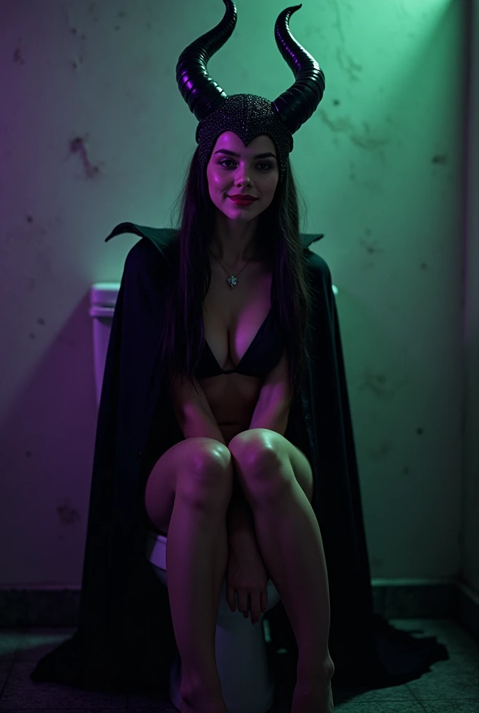 A stunning portrait of Maleficent sitting on a toilet, aged girl emphasis on her horns, purple highlights, purple reflected light, in the nude, young and beautiful, hyper realistic, real portrait, backlit, exquisite features, cleavage, sexy, seductive, unnatural light, soft light, location is the interior of a dungeon, green light, eerie, purple highlights:1.4, she is smirking, she is busty, her chin is raised, looking down at viewer, low angle shot, exquisite features, exotic, high cheekbones, (((show her full horns)))
