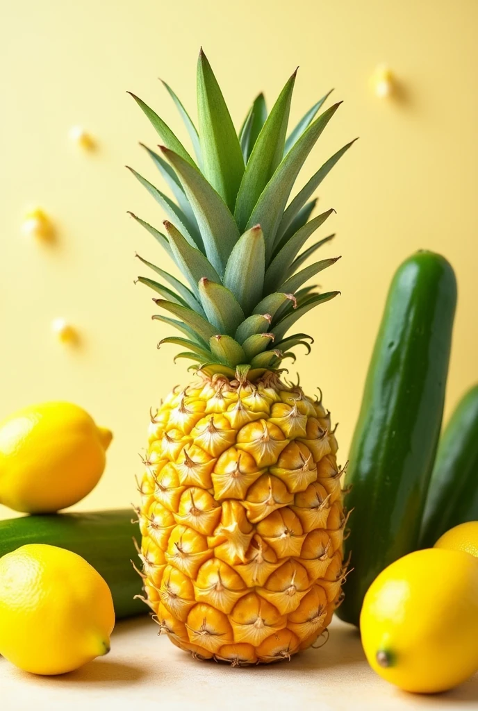 Create a pineapple with cucumbers and lemons and around it say yumi juice 