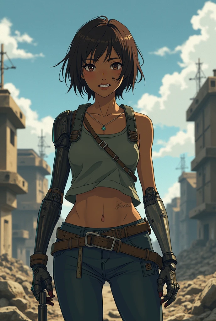 A dark-skinned woman, with worn out clothes, too short brown hair, A robotic arm and a scar on the mouth in anime style