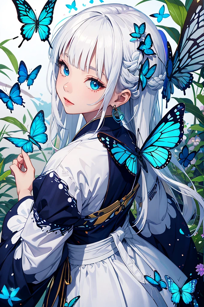  Anime girl with white hair and blue butterflies on her dress and gloves, 1girl, solo, bug, butterfly, blue eyes, flower, hair flower, long hair, hair ornament, looking at viewer, japanese clothes, jewelry, blue butterfly, white hair, earrings, kimono, blue flower, long sleeves, looking back, bangs, wide sleeves, sash, (best quality, masterpiece, ultra-detailed, illustration, <lora, shine colorful, <lora