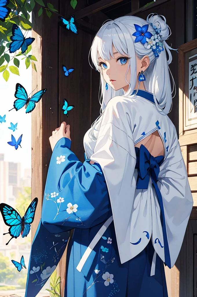 Anime girl with white hair and blue butterflies on her dress and gloves, 1girl, solo, bug, butterfly, blue eyes, flower, hair flower, long hair, hair ornament, looking at viewer, japanese clothes, jewelry, blue butterfly, white hair, earrings, kimono, blue flower, long sleeves, looking back, bangs, wide sleeves, sash, (best quality, masterpiece, ultra-detailed, illustration, <lora, shine colorful, <lora