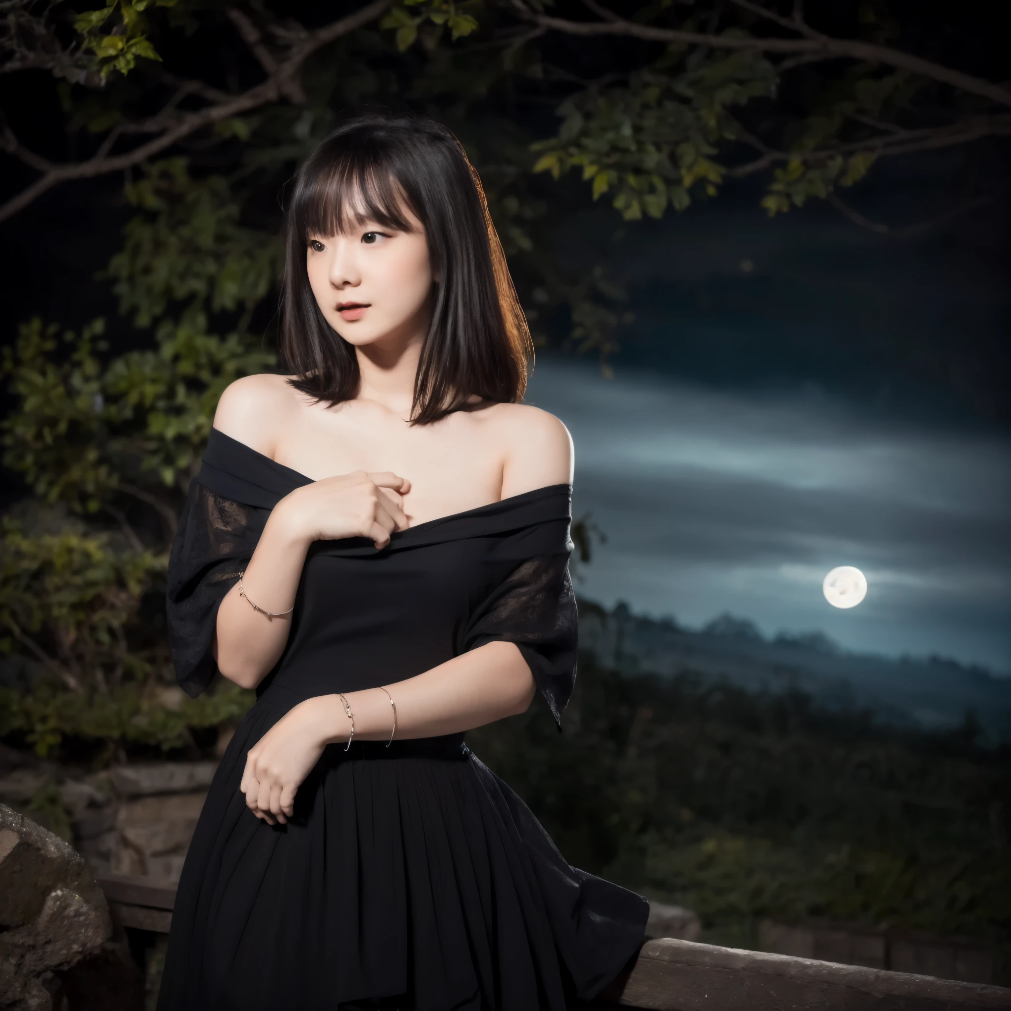 (masterpiece, best quality:1.2, 8k RAW photo, 1girl, solo, natural soft lighting), black witch, small breast, casting thunder magic,midnight, full moon, super moon