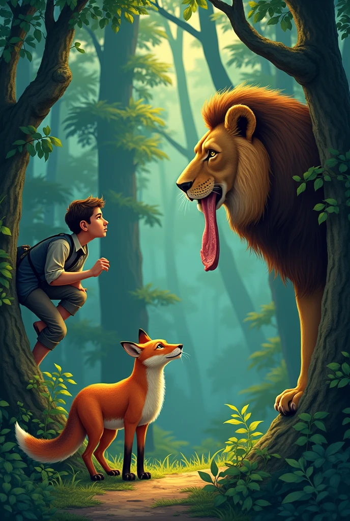 After some time, he started to move on from the forest. While crossing the forest, he saw a fox which had only two legs. The lazy man thought, "How can this fox stay alive in such a poor condition?" e for ries
Suddenly, he saw the lion coming towards piece of meat in his mouth. All the animals ran away as they saw lion coming towards them. The lazy man climbed up the tree to save himself but, the fox stayed at its place. But what the lazy man saw was truly surprising! The lion left a piece of meat which was in his mouth for the fox.