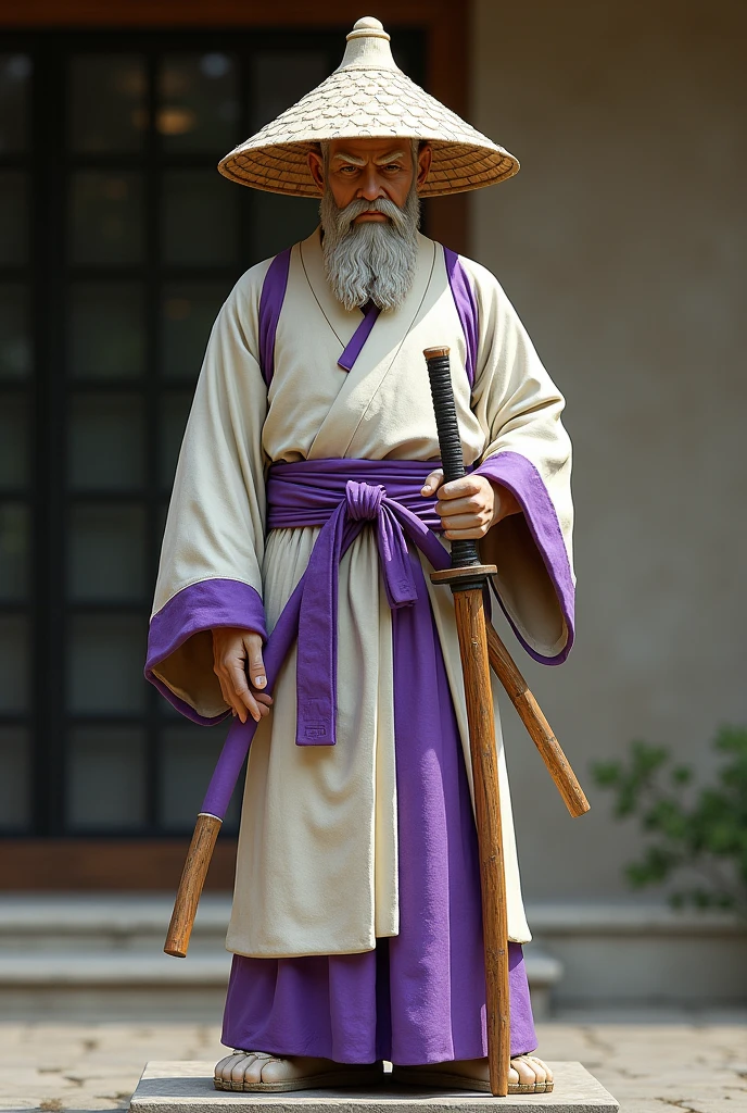 GREEK STATUE DRESSED AS A SENSEI, A MILLENNIAL-YEAR-OLD MARTIAL ARTS MASTER, WITH A CONE-SHAPED STRAW HAT AND OTHER SENSEI ACCESSORIES AND WITH PURPLE DETAILS ON HIS CLOTHING