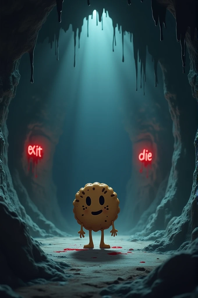 A dark and gloomy environment of a cave. In the middle, There is an animated cookie with legs and arms, cartoonish looking. The cookie tiene una expresión de temor o inquietud y está de espaldas. in front of her, on the walls of the cave, There are two exits. An exit is labeled with the word "Exit" written in red blood, and the other with the word "Die", also in blood. The atmosphere of the cave is gloomy, with deep shadows, Hanging stalactites and a light touch of mist that increases the feeling of fear and mystery. The cookie, although animated, It is clearly contrasted against the dark surroundings to highlight her vulnerability in the scene. Q no sea simple