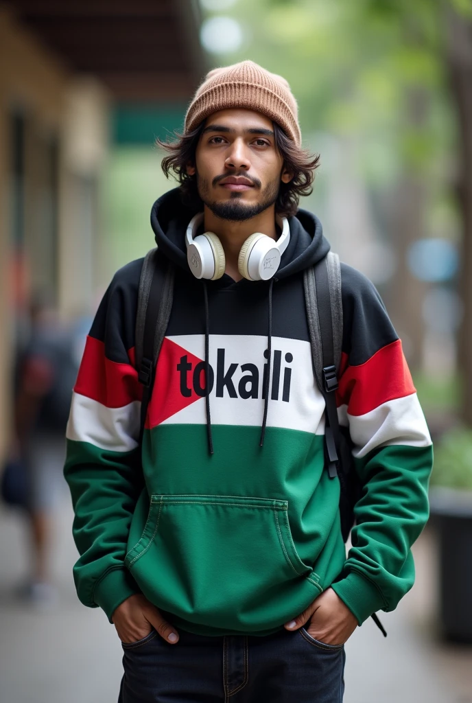 30 year old Indonesian man, wavy hair, slight beard, wearing a brown beanie, white gamer headphones around his neck, wearing a vertical Palestina color Hoodie with "TOKAILI" big letter on it, view from 3/4, bring camera, carrying a backpacker bag, sneaker shoes, portrait shot, bokeh