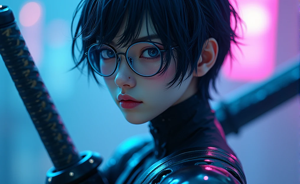 The figure of a young Asian male showing strength and determination, with short dark hair with mobility like water, almost unreal pale complexion and lips of a color somewhat similar to her complexion but just a little pink and robotic clothing carrying a katana, Deep blue eyes and some kind of transparent robotic eye covers, The background is cyberpunk in deep blue and purple colors