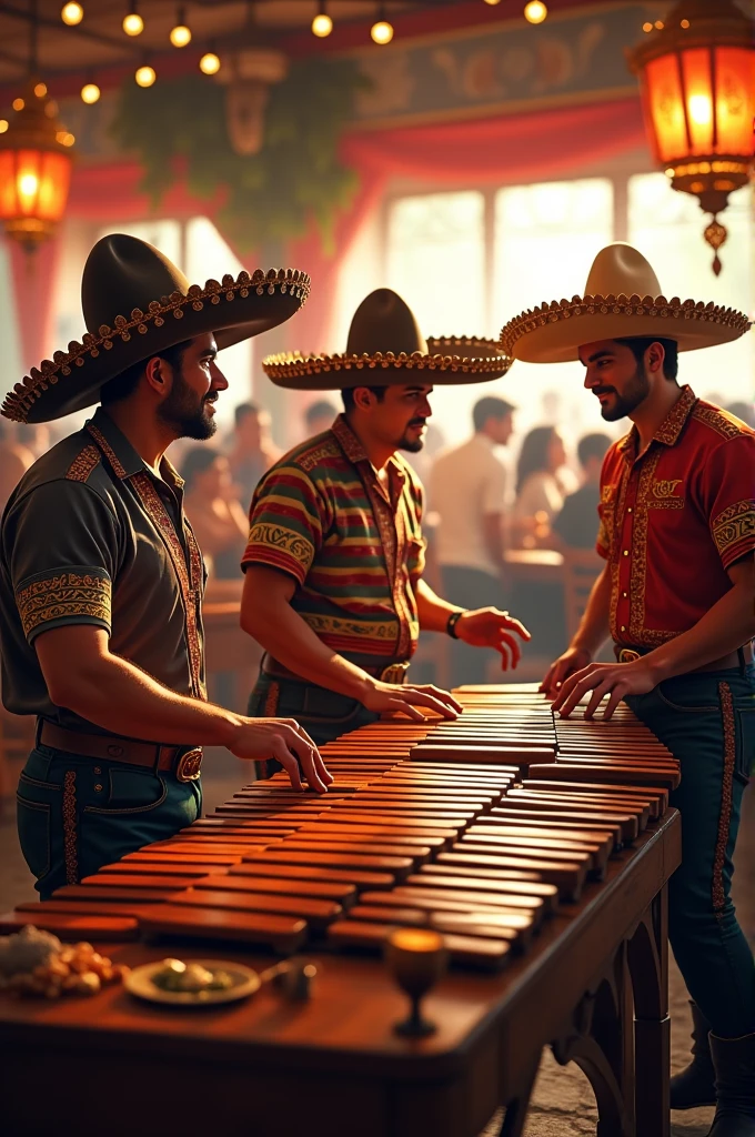 3 men in Mexican attire playing a marimba in a restaurant