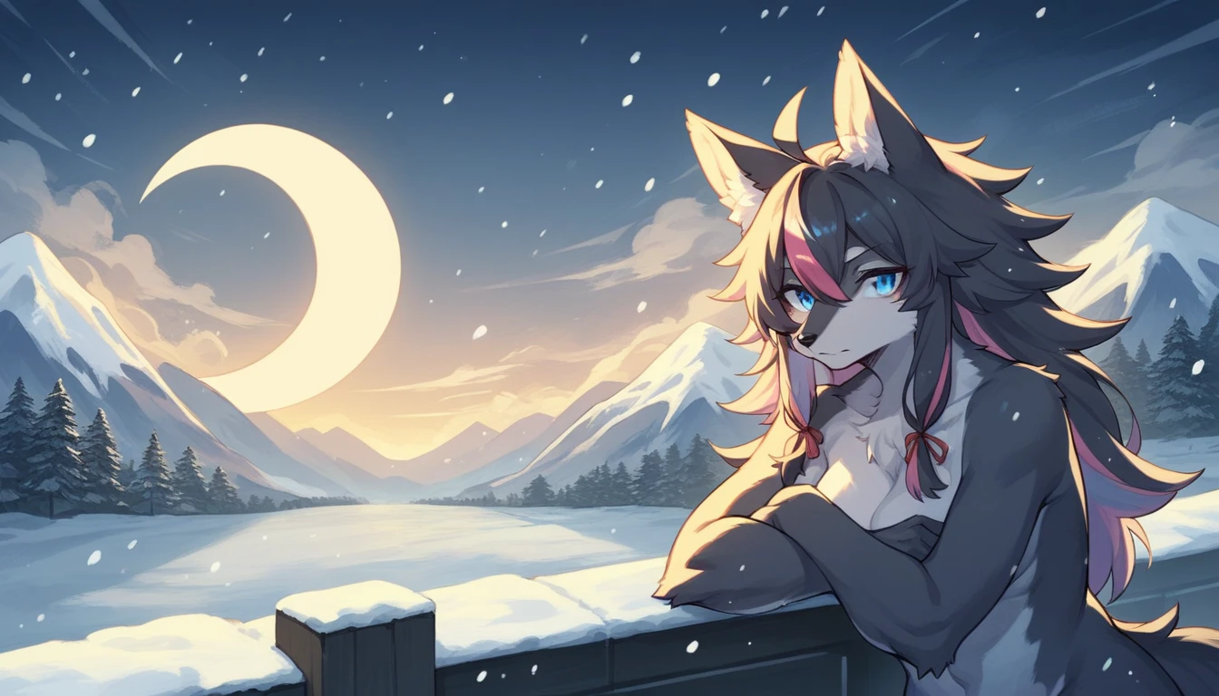 (fluffy anthro furry:1.3), 1girl, solo, furry wolf, wolf ears, kemono, (closed mouth,ロングコート:0.9), crescent moon, moonlight, hair ribbon, ahoge, two-tone hair, (atmospheric perspective, amazing background, night, cloudy sky, snow, snowing, glacier:0.8), (multicolored hair, blue eyes:1.3), nude,