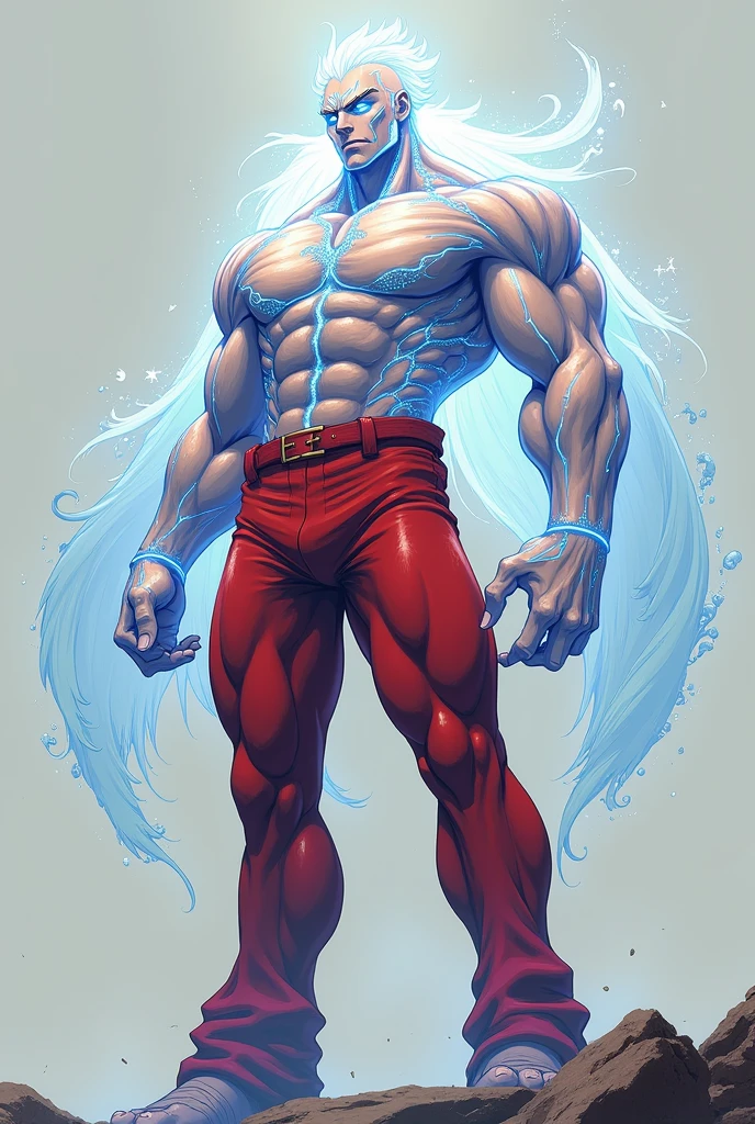 Dressed in red, made up of a white, transparent body with 6 different glowing eye colors.. A male anime character who is 3-4 meters tall and has a high level of muscle mass.