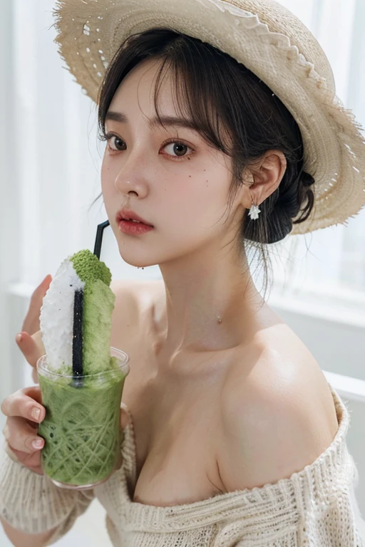 (2 pure Japanese girl,), (Small breasts:1.5,),(Mole on left side of neck:1.5),(solo,,Textured skin, Detailed skin,Detailed face,Detailed eyes,detailed posing,Natural eyebrows,Sparkling Eyes,High detail, Highest quality, Super detailed, Surrealism, ,8k,RAW Photos,Photographicism,Professional Lighting,Ray Tracing,Portrait Photography,Natural Light),(((Black Hair, Natural Makeup,Simple earrings, Low bun hairstyle,))),(((Summer resorts on the plateau,Holding a gorgeous matcha shaved ice,White straw hat,Beige V-neck sweater)))