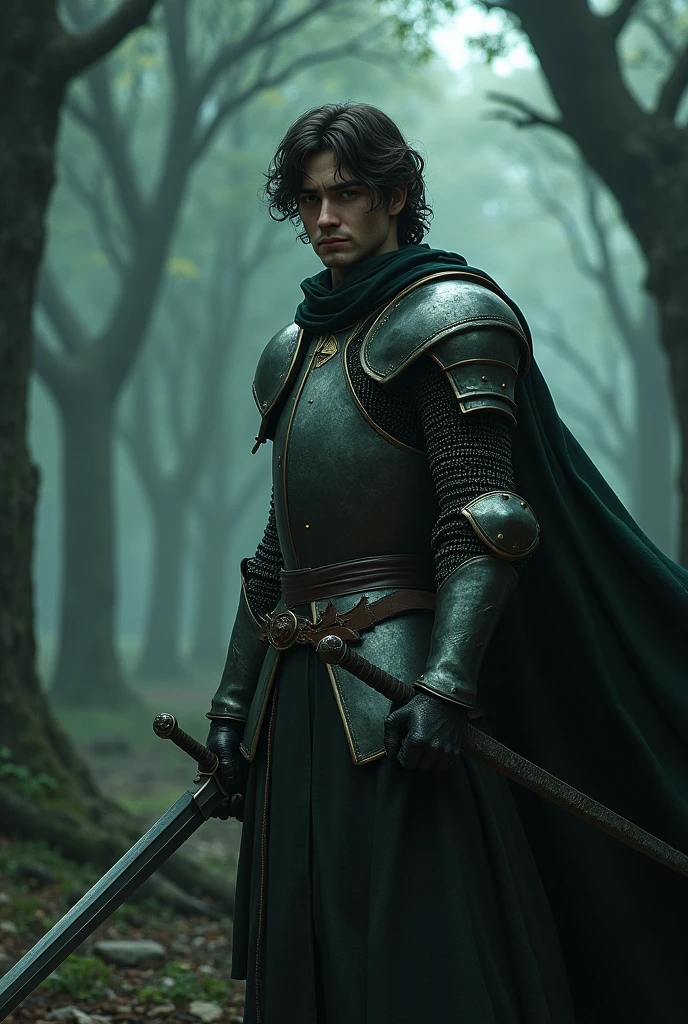This man has almond shaped eyes, square face, green eyes, wavy hair.,offwhite,has a sword and aura,and he doesn't have a beard,It's Night,knight clothes,e It's Night em um ambiente hunido perto de árvores,In an apocalyptic world,empty with little life,Hair forward
