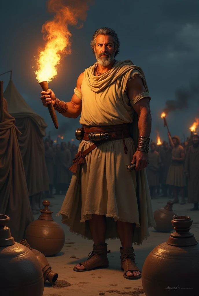  1. Appearance and Attire Face and Expression: Gideon has a determined and focused expression. His face is that of a middle-aged man, with strong features and a well-groomed beard. Your eyes convey confidence and leadership.
Clothing: He wears a simple tunic of linen or wool, typical of the time, with a belt around the waist. The tunic can be in earthy tones, like brown or beige, reflecting the fashion of ancient Israel.
lightweight armour: Over the tunic, He wears light armor, like a leather or metal vest, which is functional, but not too heavy.
2. Accessories and Objects Torch and Trumpet: Gideon holds a flaming torch in one hand and a trumpet in the other. The torch is wrapped in an empty jar, that he is about to break. The trumpet is simple, made of metal or horn.
Jars: There are empty jars around you or in the background, symbolizing the battle strategy. They are positioned in a way that suggests preparation for the crucial moment of battle..
3. Context and Environment Battle Scenario: The background may show a battlefield, with tents or enemy camps in the distance. Shadows and contrasting light help create an atmosphere of tension and strategy..
light and darkness: The environment is partially dark, with the torchlight illuminating Gideon&#39;s face and creating a dramatic effect. The darkness in the background reinforces the moment of battle.
4. Expression and Position Leadership Posture: Gideon stands in an upright and confident posture, with feet firmly planted on the ground. He is in a position that suggests command and authority., as if he was about to give orders to his men.
expression of determination: His gaze is direct and firm, reflecting their faith and courage in facing such a great challenge.
5. Spiritual Elements Divine Sign: There may be a faint halo of light around Gideon, suggesting the divine presence. Alternatively, a soft glow from torches can symbolize divine intervention without being too explicit.
Interaction with the Angel: If you include an an