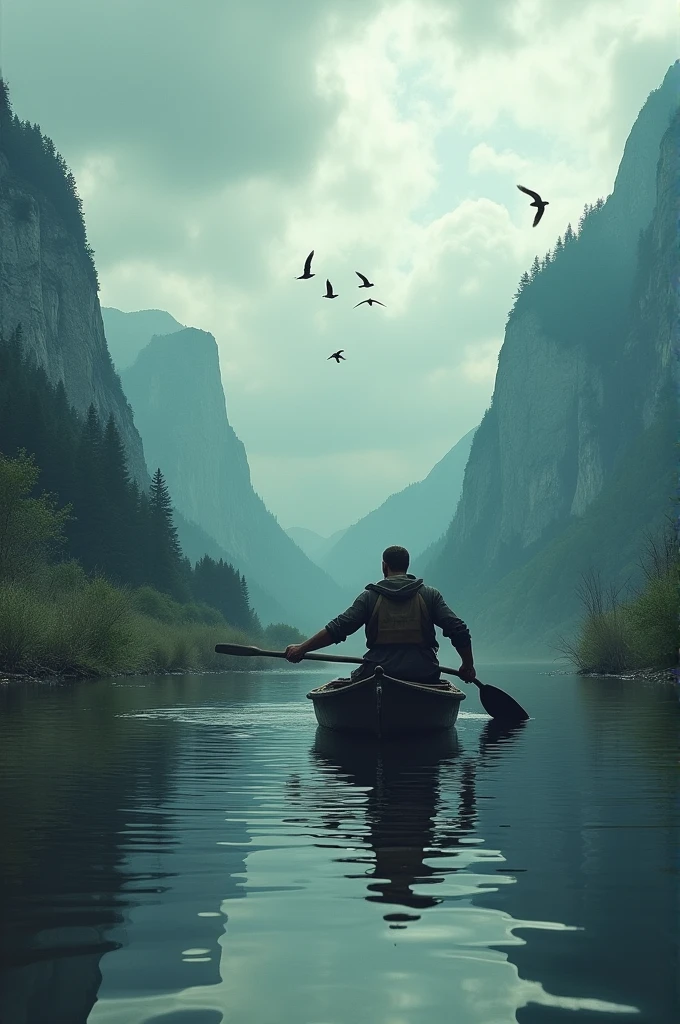 rowing man boat creek Flock of birds, 9:16 ratio, cenematic color, cloud is Dramatic9 mod , background is mountain and forest