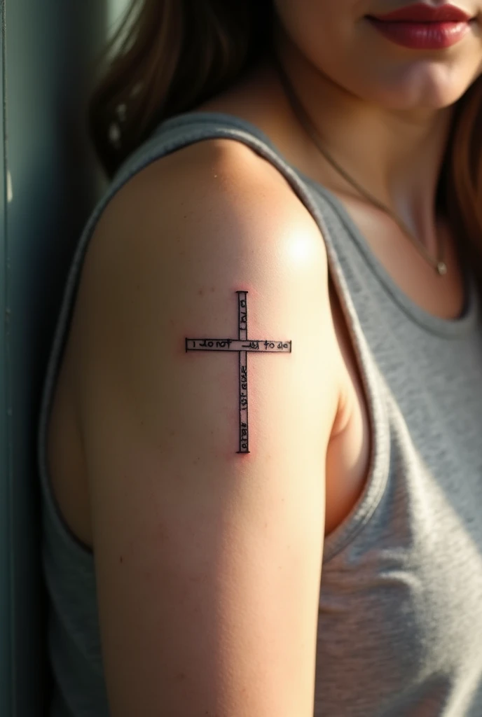Simple small cross tattoo on upper arm with the lyrics “I do not exist to die”