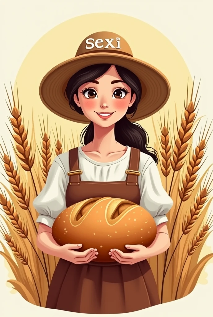 A peasant woman, with a hat on his head with the name Sexi on his hands and wheat around him. Animated but let the name go in the hands of the Lord Sexi smiling Sexy delights with bread in her hands turn all that into a logo for a brand of homemade products

