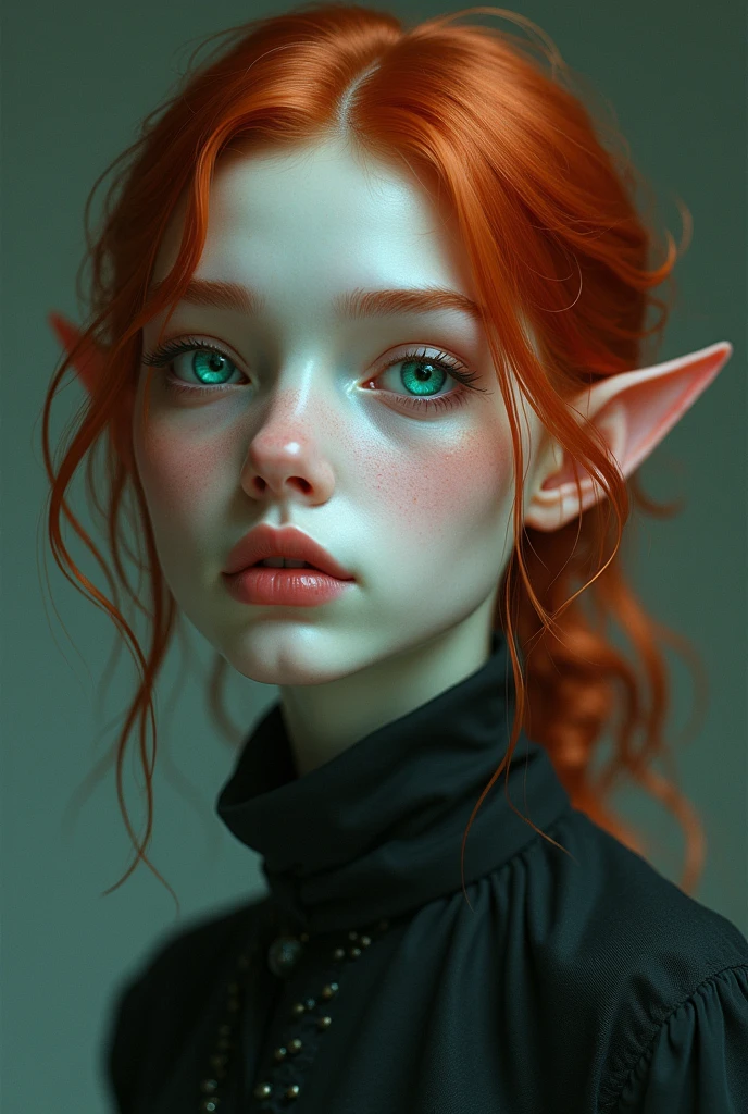 A man with snow-white skin and shoulder-length red hair, emerald or blue eyes, short stature like 1:68