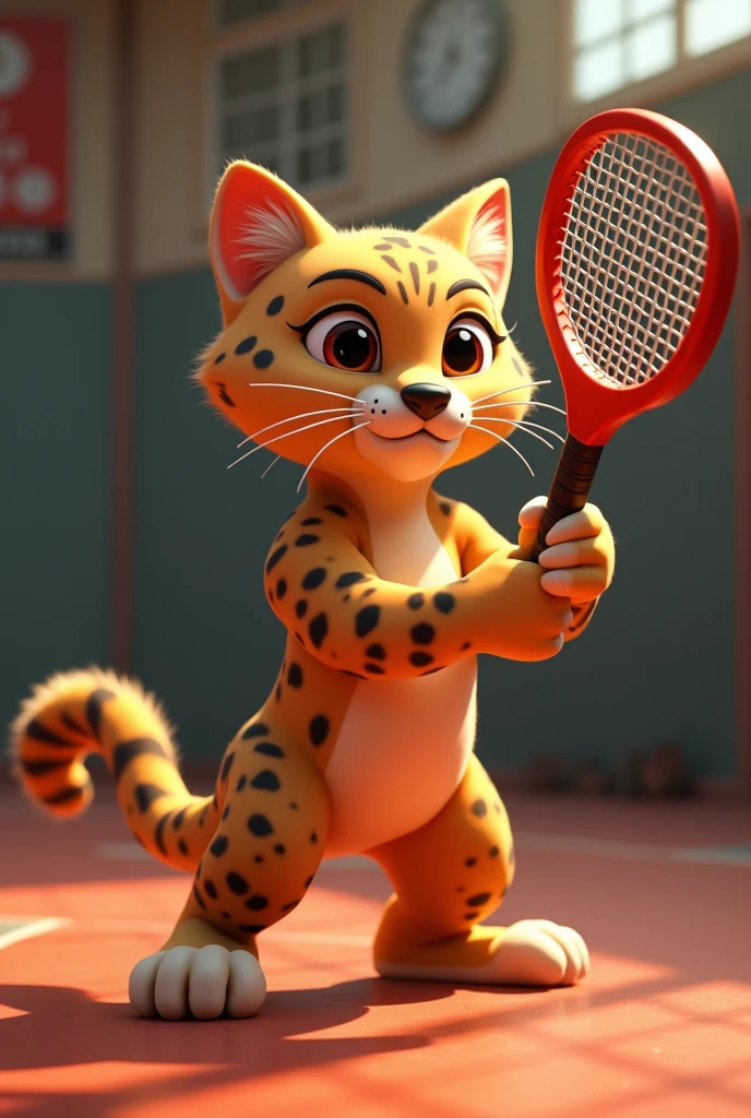 Make the ocelot that is the UNIVA mascot Animated with a Padel Racquet that is not skinny