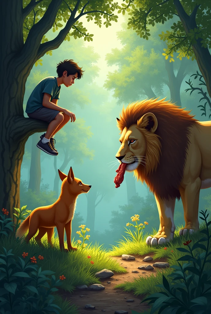 After some time, he started to move on from the forest. While crossing the forest, he saw a fox which had only two legs. The lazy man thought, "How can this fox stay alive in such a poor condition?" e for ries
Suddenly, he saw the lion coming towards piece of meat in his mouth. All the animals ran away as they saw lion coming towards them. The lazy man climbed up the tree to save himself but, the fox stayed at its place. But what the lazy man saw was truly surprising! The lion left a piece of meat which was in his mouth for the fox.