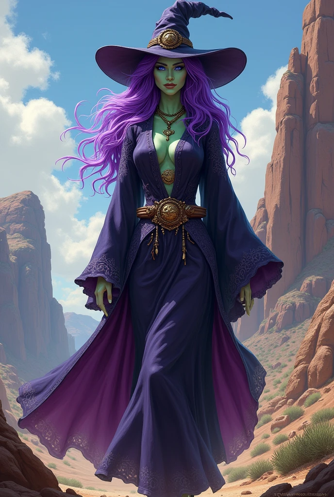 I would like a american mature woman around 50 years who has a light green skin, with long purple hair, magical eyes,wearing witch clothing, a witch hat, and a necklace around her neck. I would like her to have a mature style, and the art should be in a fantasy RPG style set in the Old West.