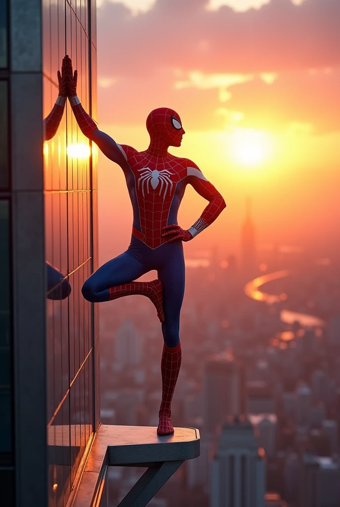 Sspider man doing yoga at edge of skyscrapper,background sunrise,