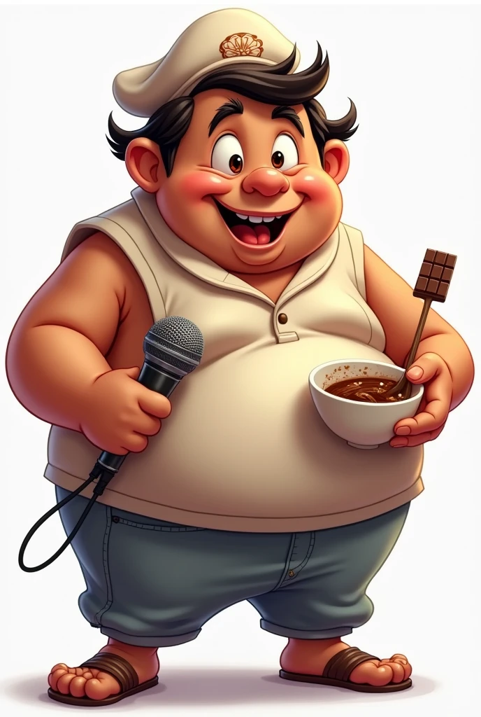 male character, Youngh, mic, that fits into a logo, plumpness, light tan, Indian hair, with a mole under the nose on the left side of the mouth, with sailor cap, com chocolate na boca, stirring bowl of brownie batter, with caricature features, full body with shirt, no microphone