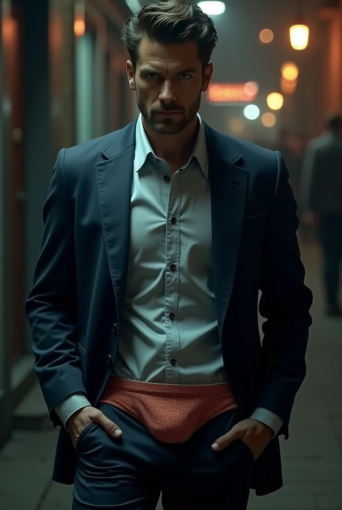 A handsome and arrogant FBI agent has a big rip in his pants during a mission exposing his funny whimsical briefs at the seams in the back.