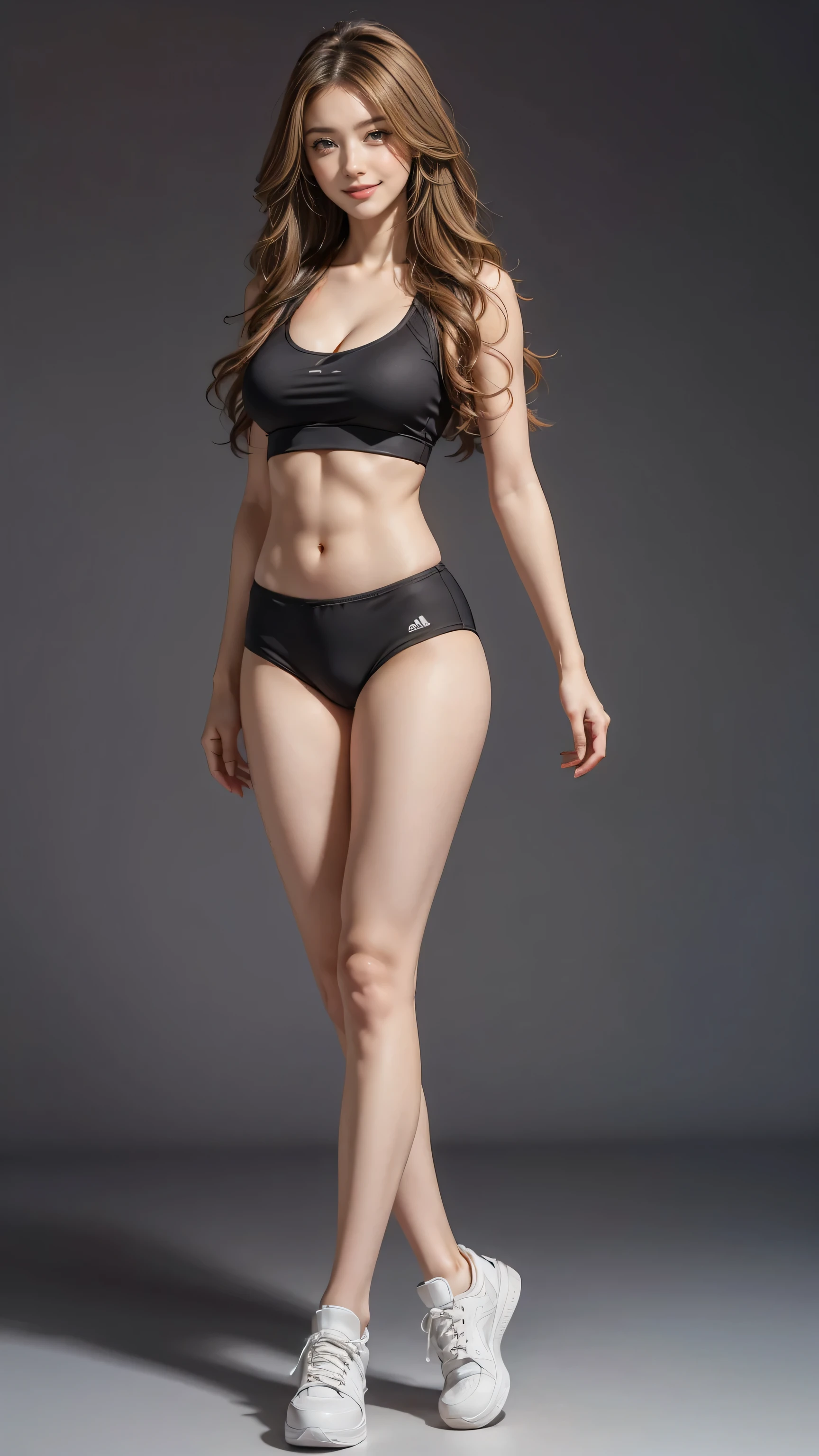 ((Highest quality, Tabletop, Ultra-high resolution、The most complex and detailed depiction))、(Bright lighting:1.1)、(Beautiful woman:1.1)、(Slim woman:1.8)、(Very light wavy hair:1.5)、((Stylishly designed black training wear)), ((Ultra-compact, low-rise high-leg bloomers)),((Sporting goods)),((sneakers:1.8,)),(I can see your abs:1.3),Best smile:1.5，Full Body Shot:1.5，Gray background:1.5，Blonde wavy hair:1.8,Random Blonde:1.8,Curly Hair:1.8,Long Hair:1.5,sleek bangs:1.8,Large Breasts:1.6,gal,Sunburned skin:1.9,Thin fingers:1.5,smile:1.5,The whites of the eyes are clear:1.8,Centered:1.5,Cleavage:1.5,(Tall:1.9,The legs are thin and long:1.8)