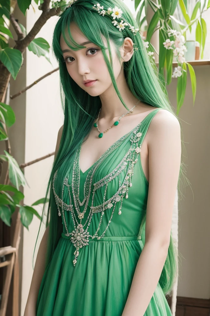 Green Hair　Yui Aragaki　Long Hair　Flowers on the head, dress up, necklace