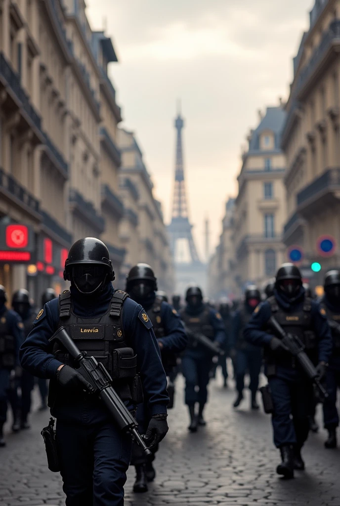 City of Paris in chaos; soldiers marching in the streets