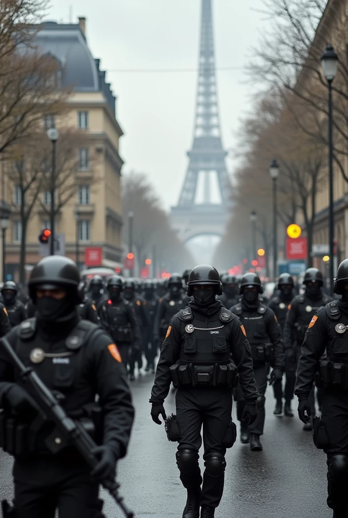 City of Paris in chaos; soldiers marching in the streets