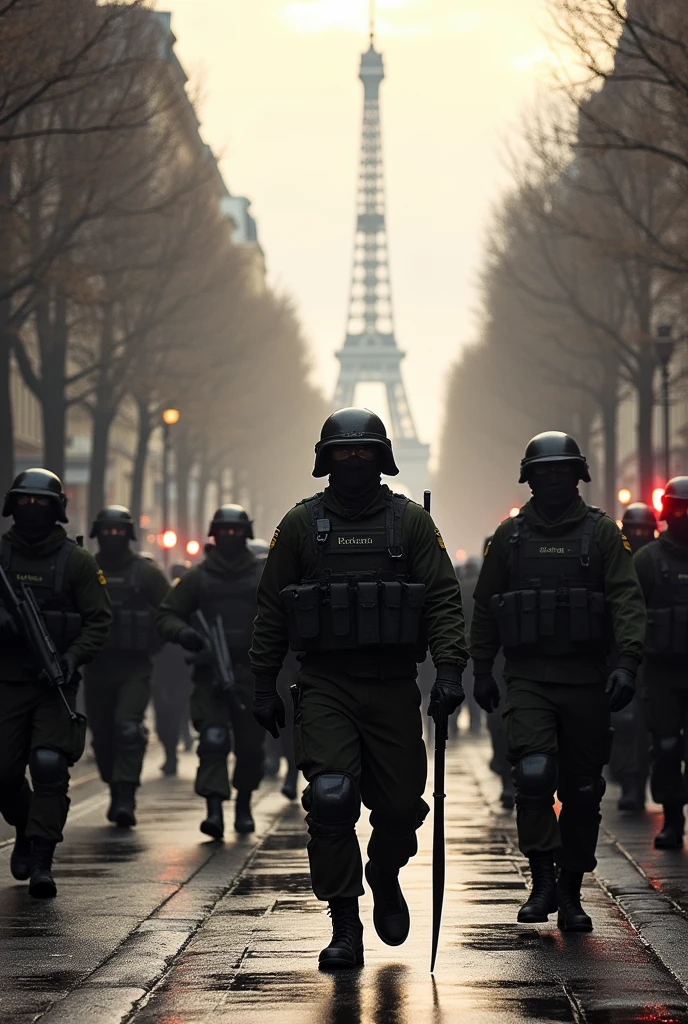 City of Paris in chaos; soldiers marching in the streets