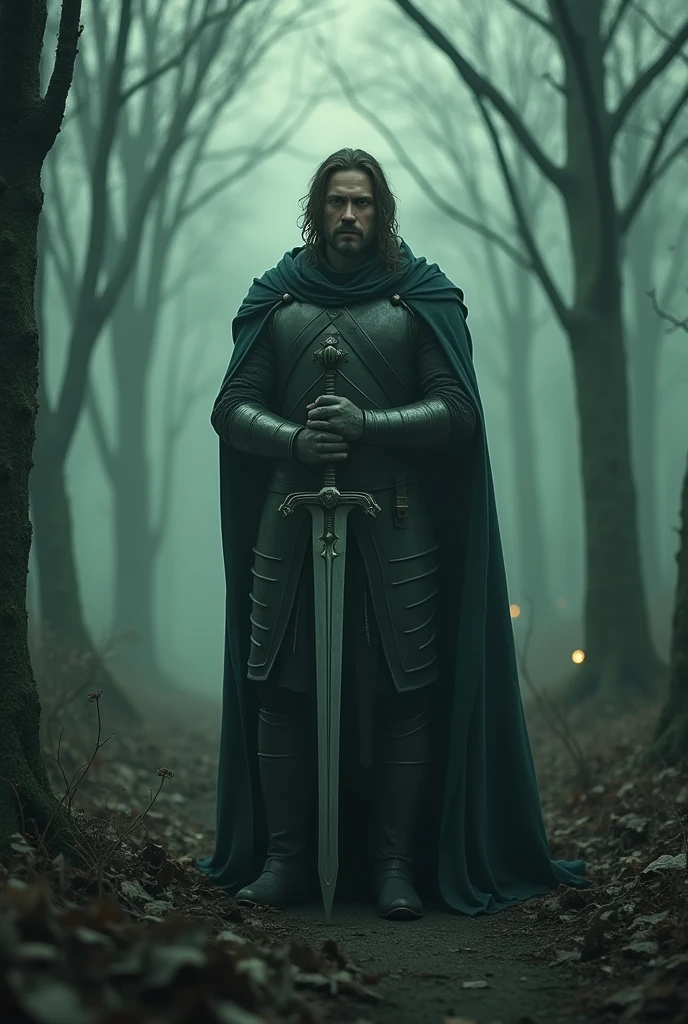 This man has almond shaped eyes, square face, green eyes, wavy hair.,offwhite,has a sword and aura,and he doesn&#39;t have a beard,It's Night,knight clothes,e It's Night em um ambiente hunido perto de árvores,In an apocalyptic world,empty with little life,Hair forward ,smaller and potato nose,and the environment is dark