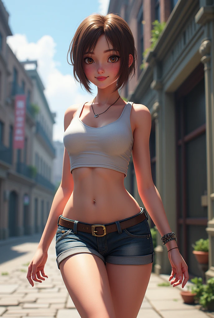 ((sexy girl ,young)) ,nsfw, glamorous, slender, may, pink tube top, moistened eyes,blush, ??????????, slutty outfit, makeup, eyeshadow, city, ?????? bulge in top, cameltoe,