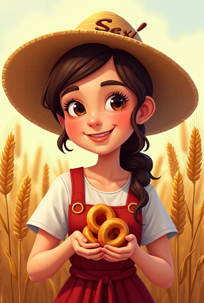 A peasant woman, with a hat on his head with the name Sexi on his hands and wheat around him. Animated but let the name go in the hands of the Lord Sexi smiling Sexy delights with bread in her hands all that turn it into a logo to promote churros