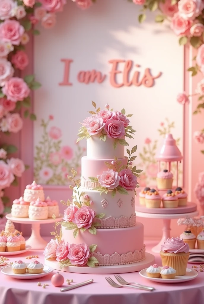 now an image focused on the table where the 3-tier cake is, party that had PASTEL PINK as its main color with a theme of flowers and butterflies, showing the themed decoration and details of the sweets around and in the background a written panel "I am Elis"
