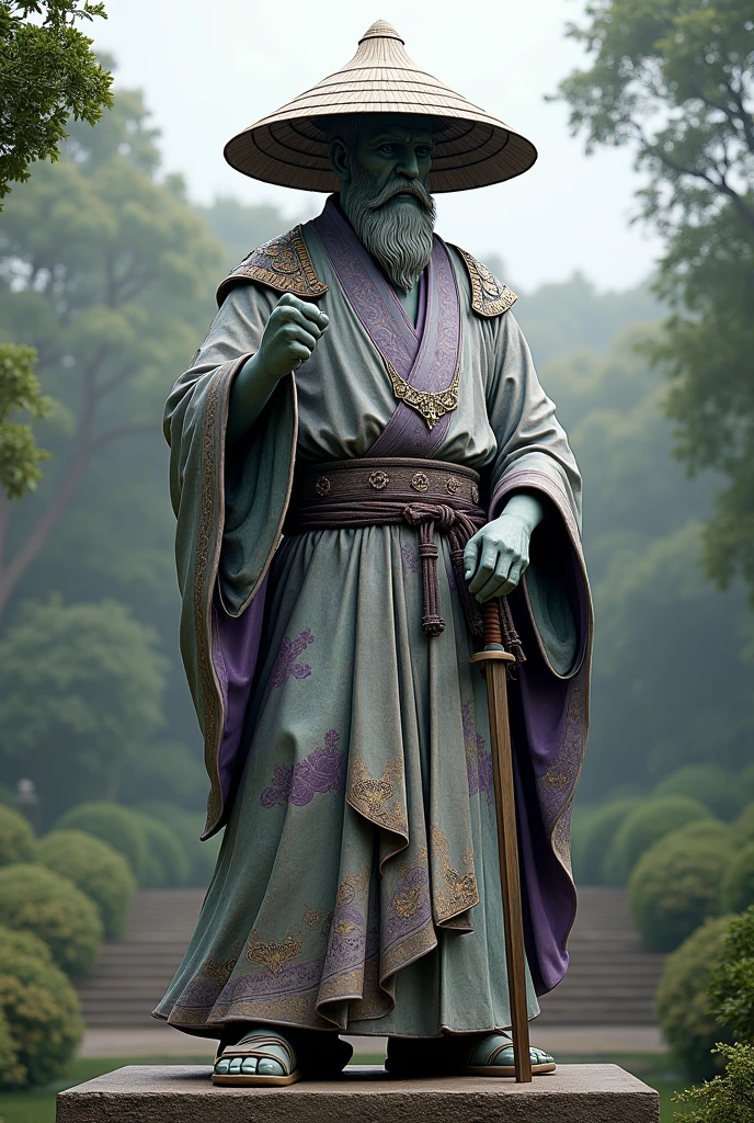 STATUE OF A GREEK GOD DRESSED AS A SENSEI, A MILLENNIAL-YEAR-OLD MARTIAL ARTS MASTER, WITH A CONE-SHAPED STRAW HAT AND OTHER SENSEI ACCESSORIES AND WITH PURPLE DETAILS ON HIS CLOTHING