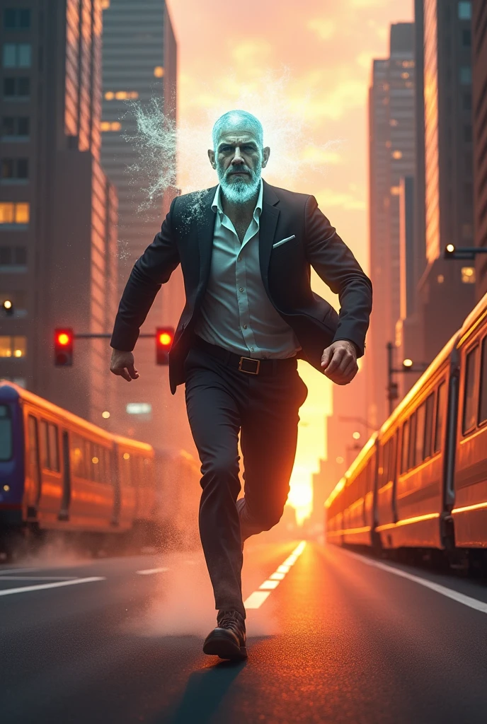 A man with ghost head in city with sunset with superpowers running on the train
