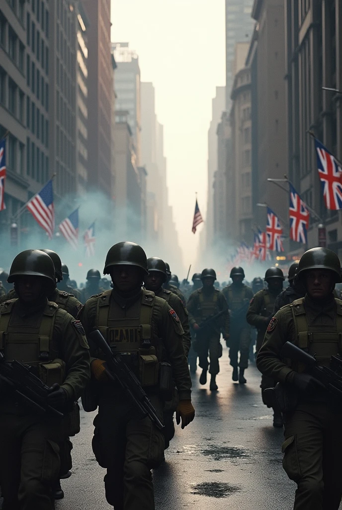 New York City in Chaos; soldiers marching in the streets