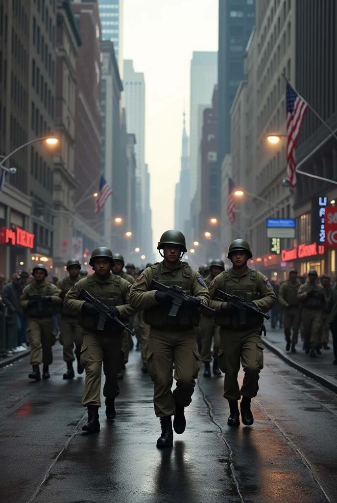 New York City in Chaos; soldiers marching in the streets